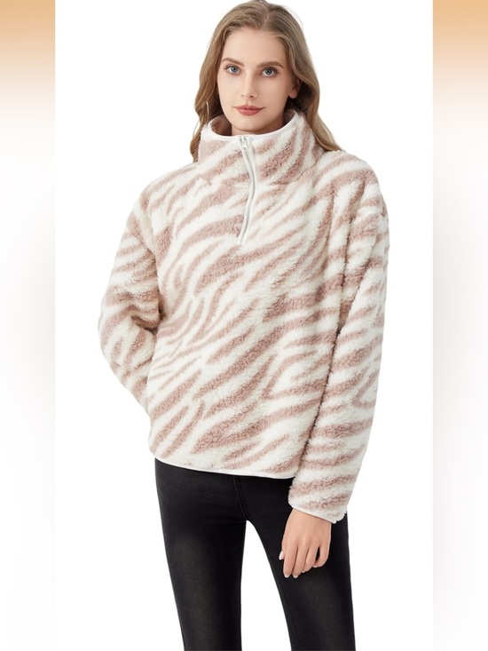 HYGLuosie Jackets & Blazers - Women’s White & Tan Zebra Teddy Jacket Half-Zip Pullover